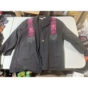 Vtg On The Verge Black Denim Jacket Women XL  Coat Cowboy Native Painted